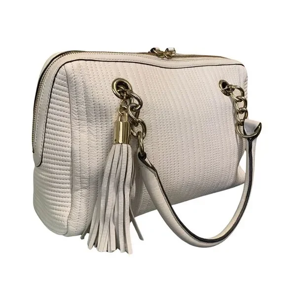 Calvin Klein Quilted Cream Leather Satchel with Tassel and Gold Chain Handles - Picture 14 of 14